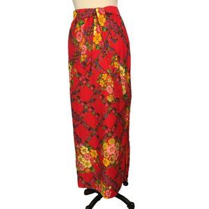 Alex Coleman California Vintage 60s 70s Red Floral Maxi Skirt, Lattice, 25 Waist